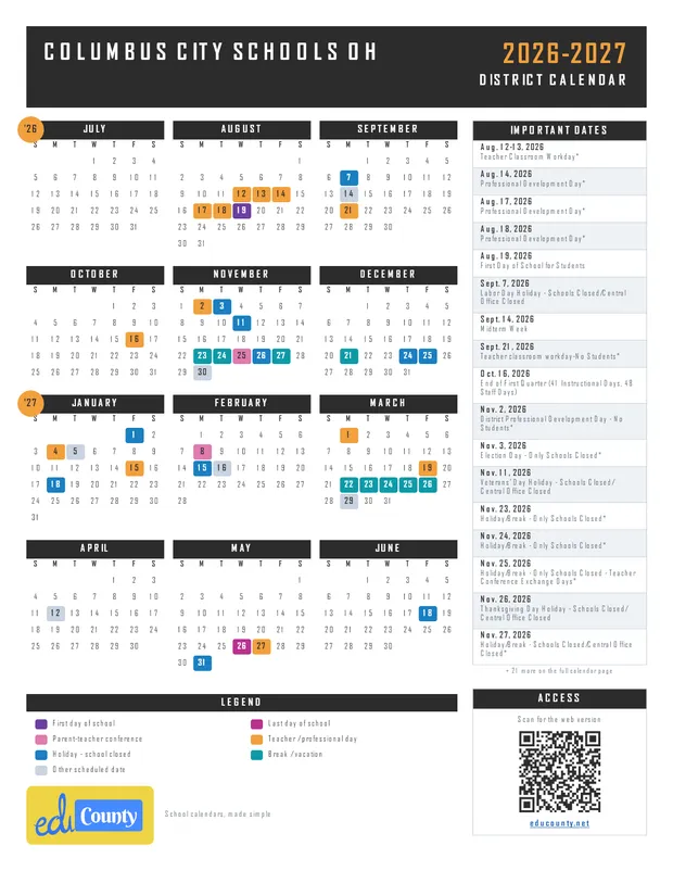 Columbus City Schools printable 2026-27 calendar
