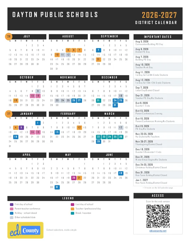 Dayton Public Schools printable 2026-27 calendar