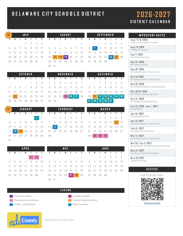 Delaware City Schools District printable 2026-27 calendar