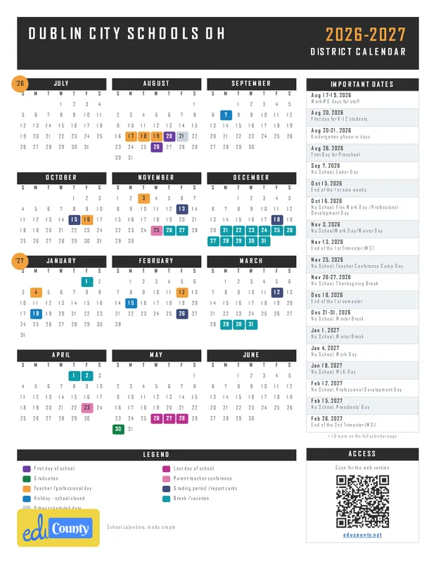 Dublin City Schools printable 2026-27 calendar