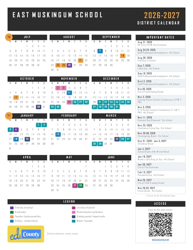 East Muskingum School printable 2026-27 calendar