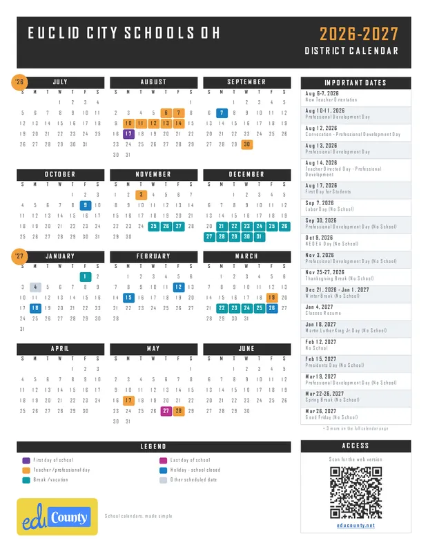 Euclid City Schools printable 2026-27 calendar