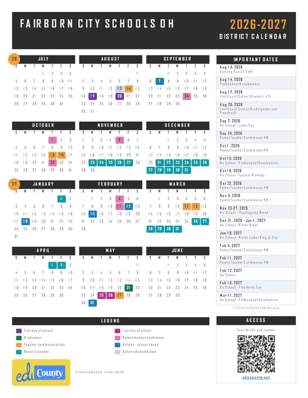 Fairborn City Schools printable 2026-27 calendar