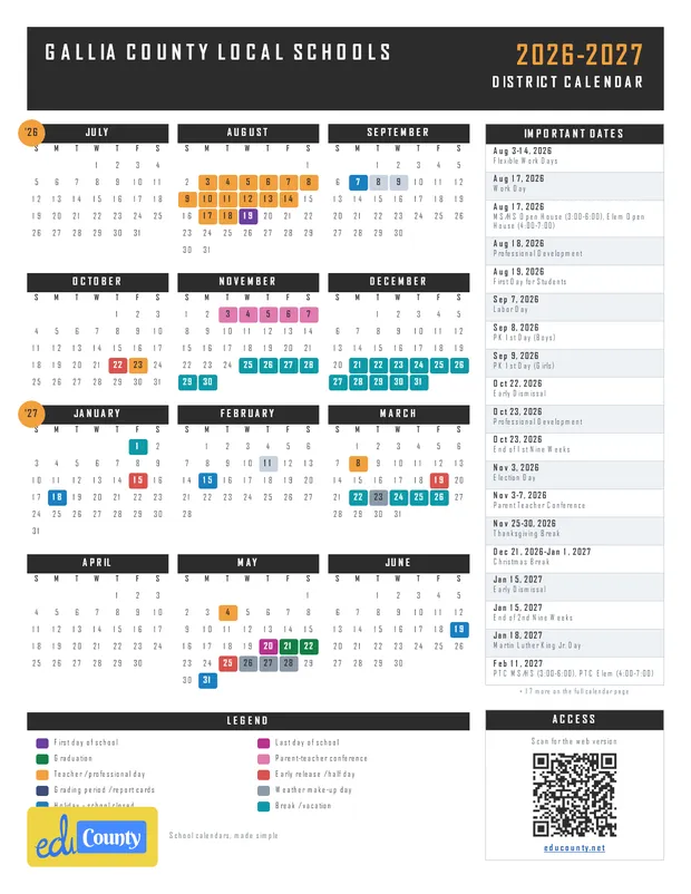 Gallia County Local Schools printable 2026-27 calendar