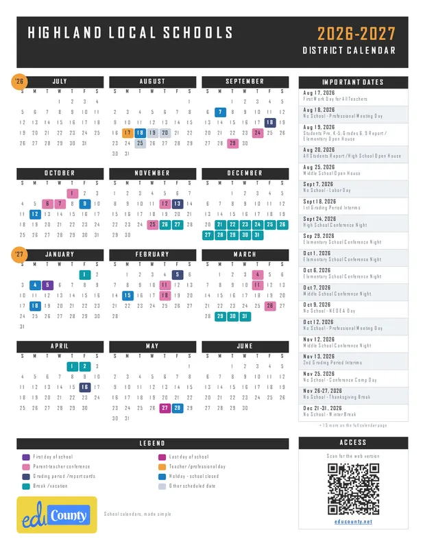 HIGHLAND LOCAL SCHOOLS printable 2026-27 calendar