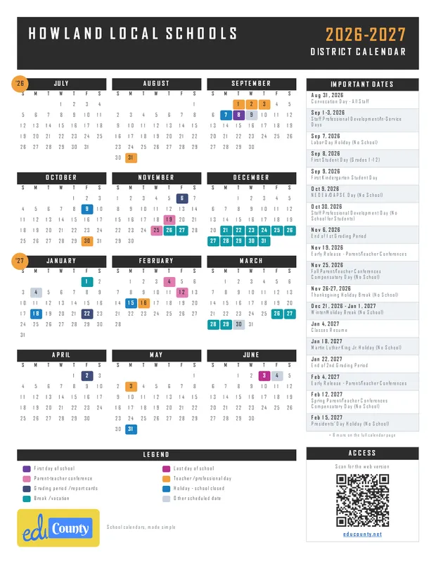 Howland Local Schools printable 2026-27 calendar