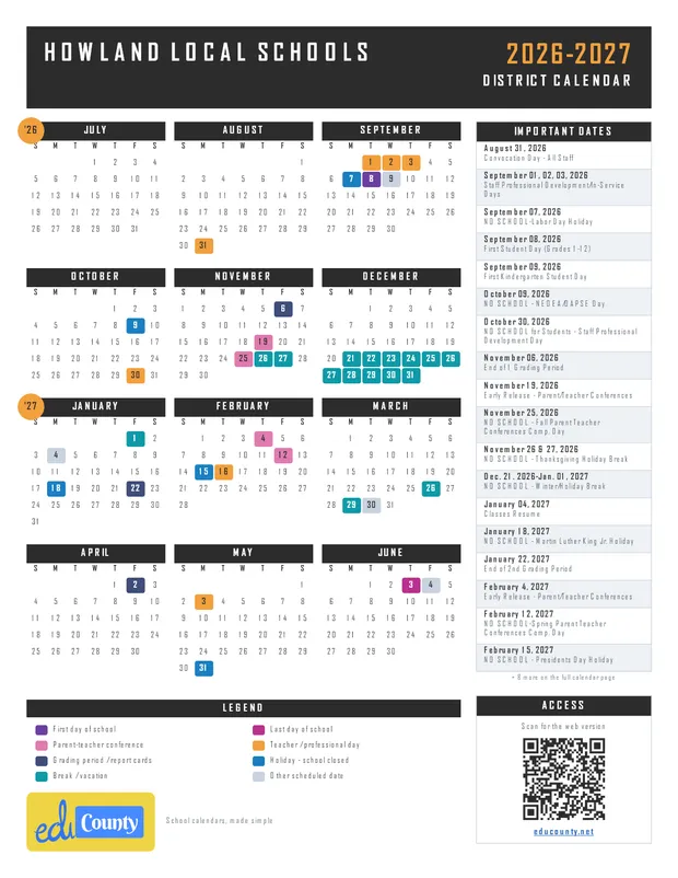 Howland Local Schools printable 2026-27 calendar