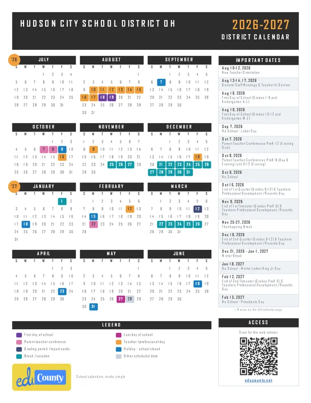 Hudson City School District printable 2026-27 calendar