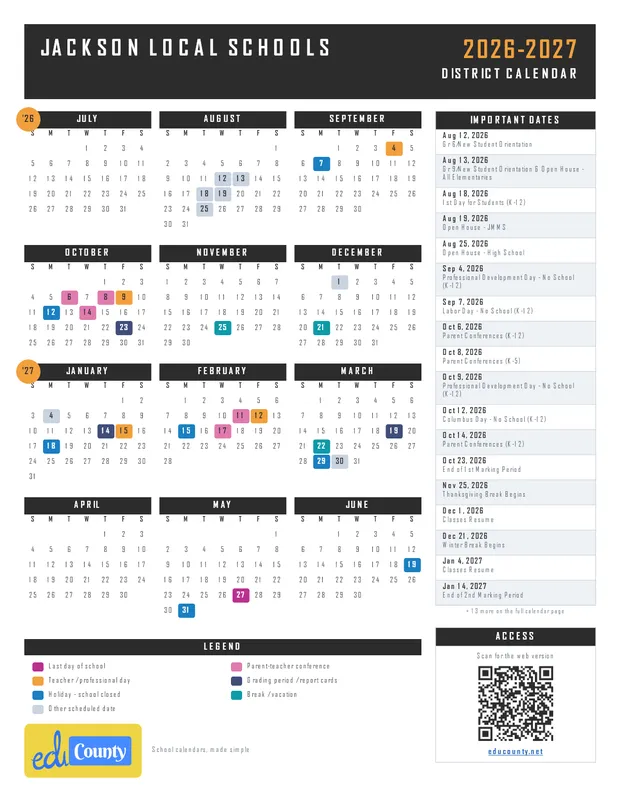 Jackson Local Schools printable 2026-27 calendar