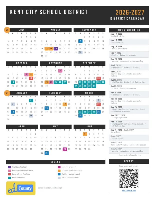 KENT CITY SCHOOL DISTRICT printable 2026-27 calendar