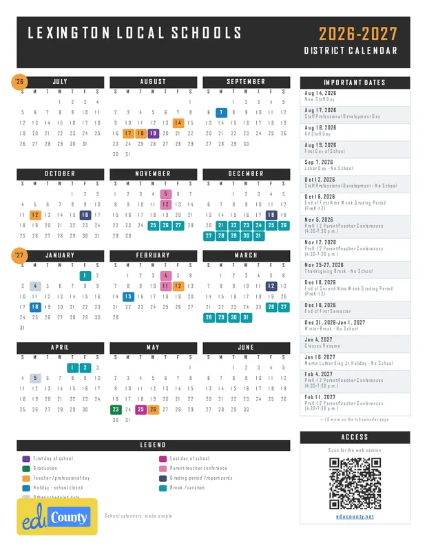 LEXINGTON LOCAL SCHOOLS printable 2026-27 calendar