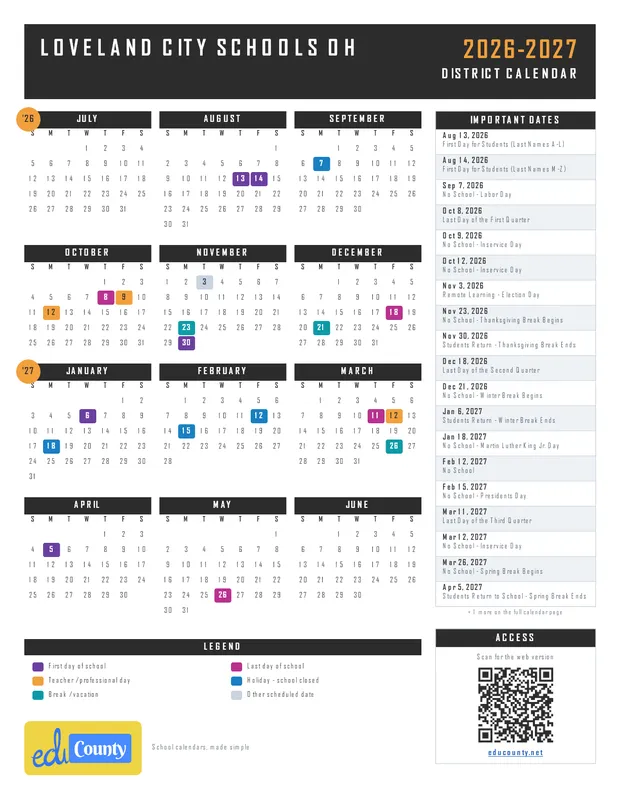 Loveland City Schools printable 2026-27 calendar