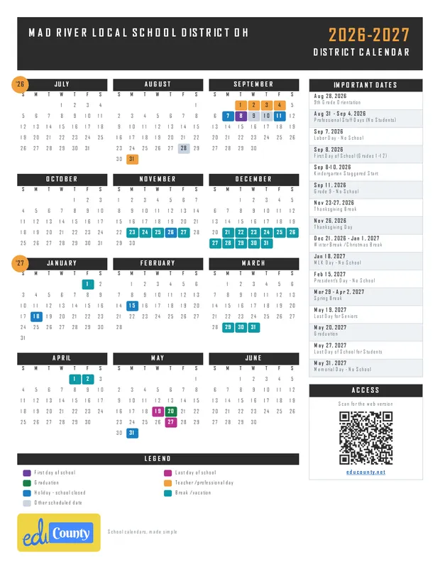 Mad River Local School District printable 2026-27 calendar