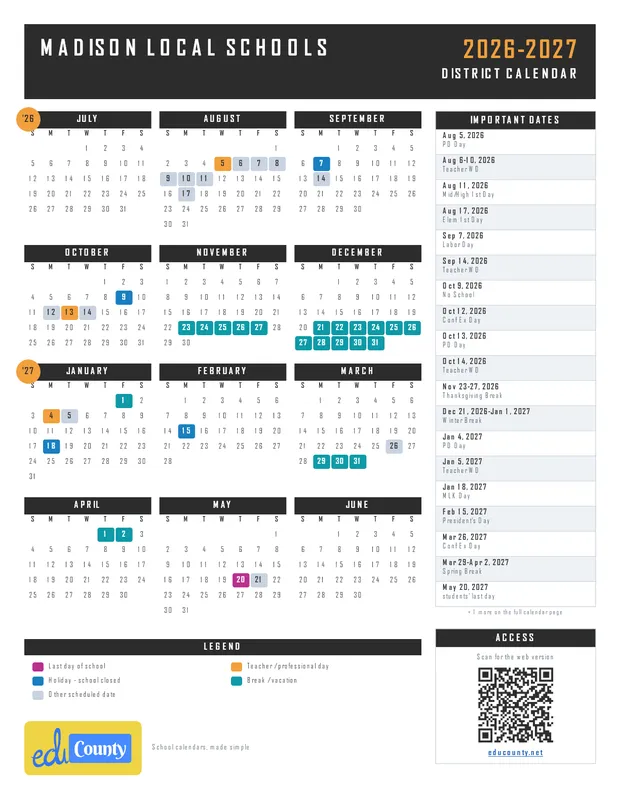 Madison Local Schools printable 2026-27 calendar