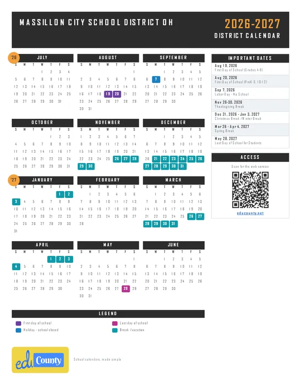 Massillon City School District printable 2026-27 calendar