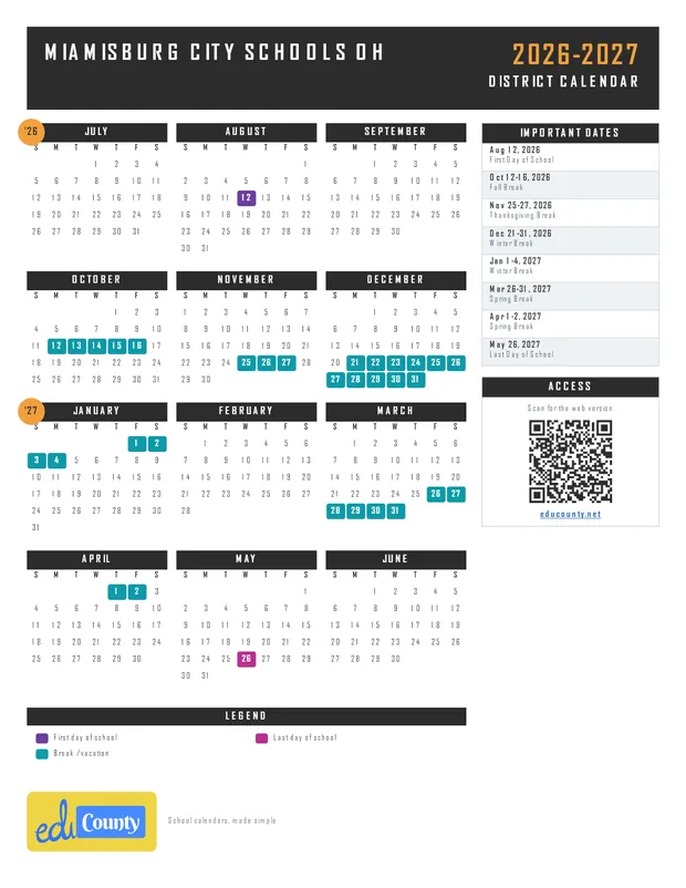 Miamisburg City Schools printable 2026-27 calendar
