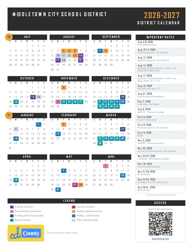 Middletown City School District printable 2026-27 calendar