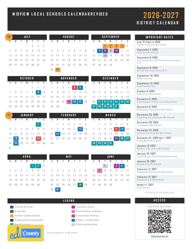 Midview Local Schools Calendarrevised printable 2026-27 calendar