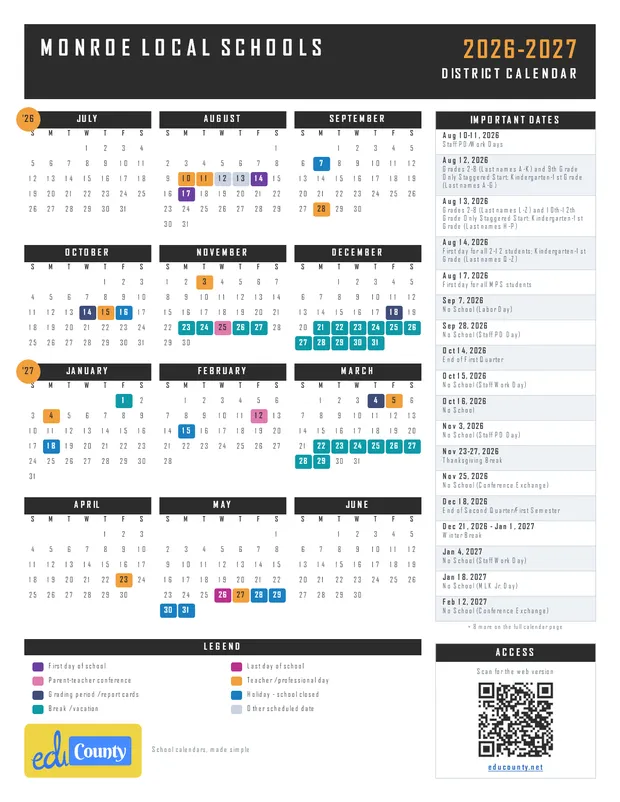 Monroe Local Schools printable 2026-27 calendar
