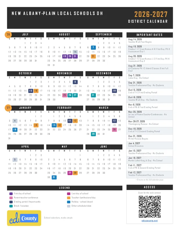 New Albany-Plain Local Schools printable 2026-27 calendar