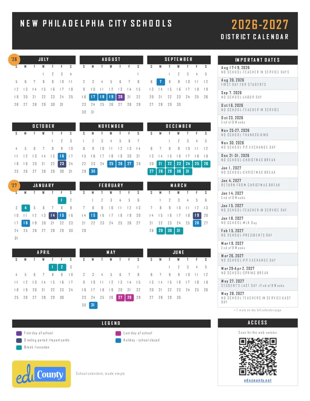 NEW PHILADELPHIA CITY SCHOOLS printable 2026-27 calendar