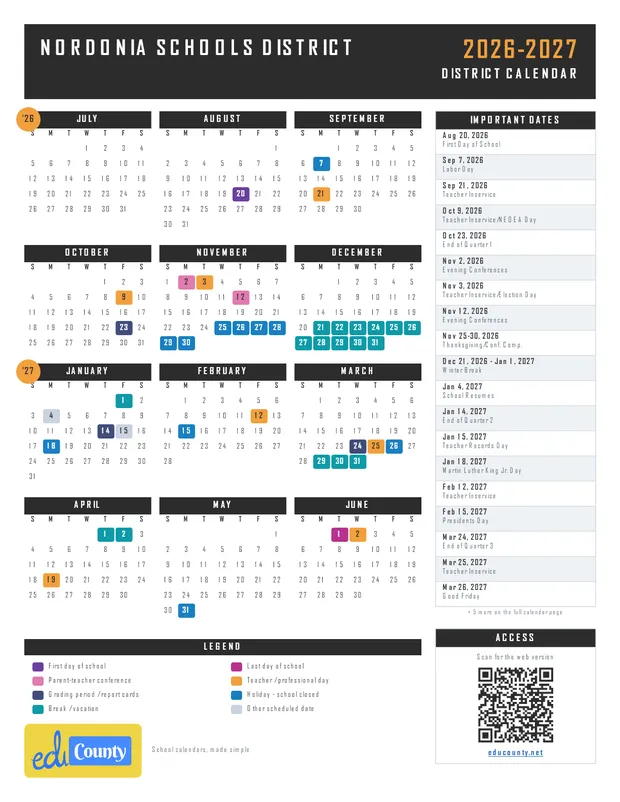 NORDONIA Schools District printable 2026-27 calendar