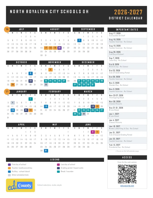 North Royalton City Schools printable 2026-27 calendar