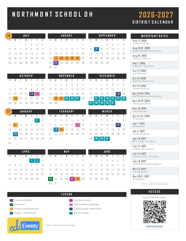 Northmont School printable 2026-27 calendar
