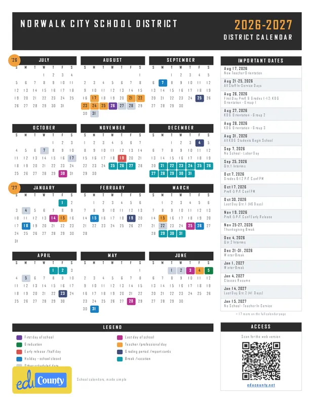 NORWALK CITY SCHOOL DISTRICT printable 2026-27 calendar