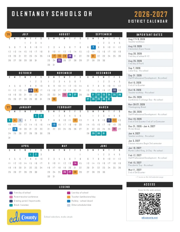 Olentangy Schools printable 2026-27 calendar