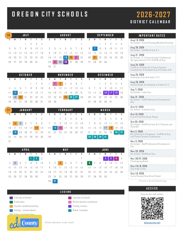 Oregon City Schools printable 2026-27 calendar