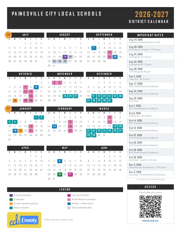 Painesville City Local Schools printable 2026-27 calendar