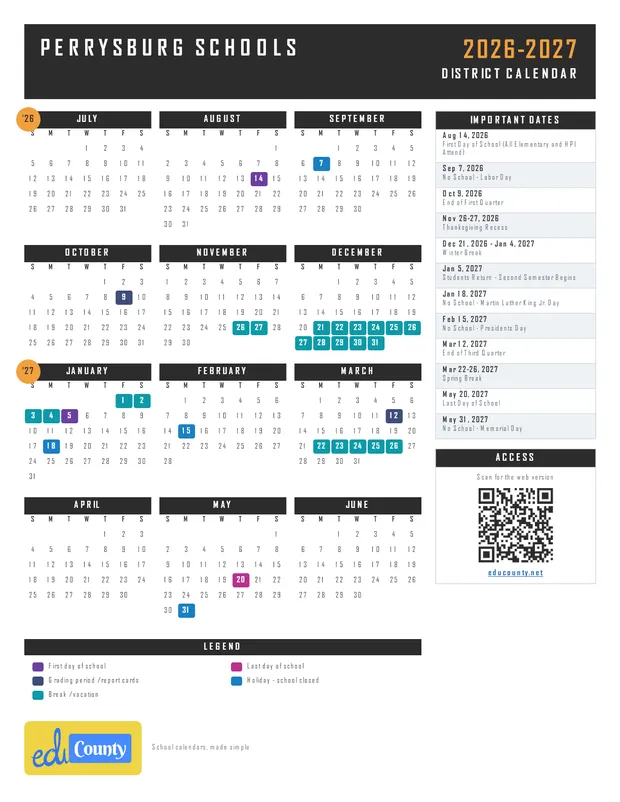 Perrysburg Schools printable 2026-27 calendar