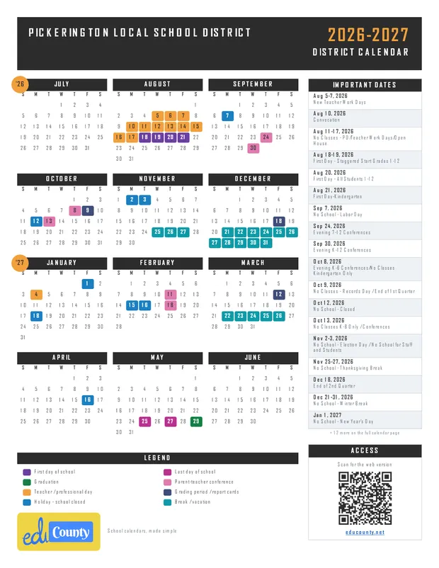 Pickerington Local School District printable 2026-27 calendar
