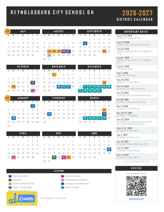 Reynoldsburg City School printable 2026-27 calendar