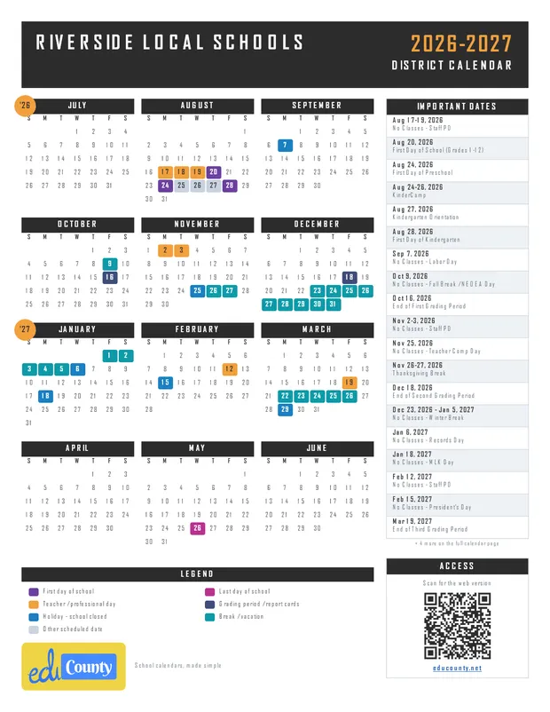 Riverside Local Schools printable 2026-27 calendar