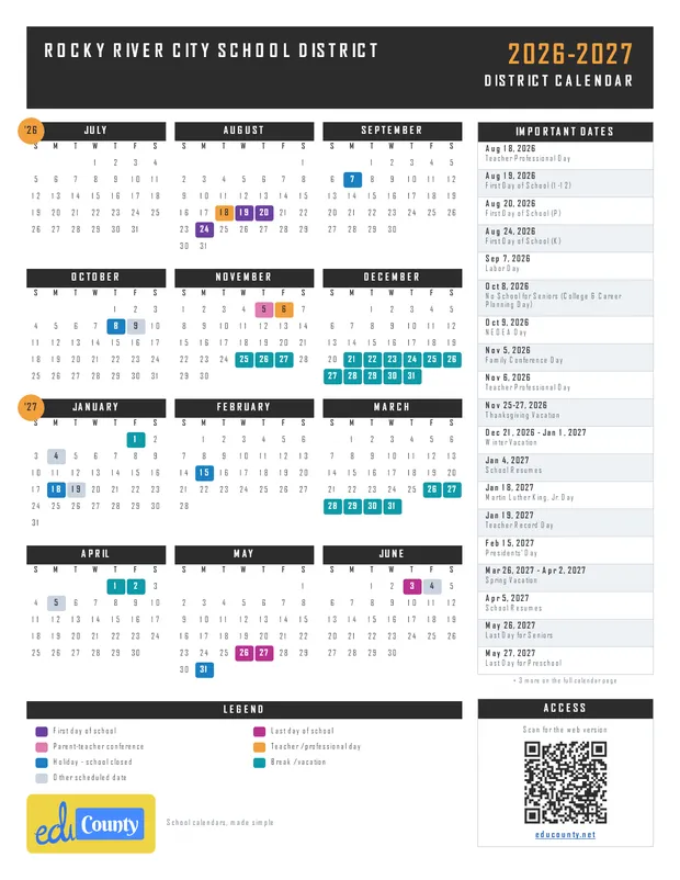 Rocky River City School District printable 2026-27 calendar