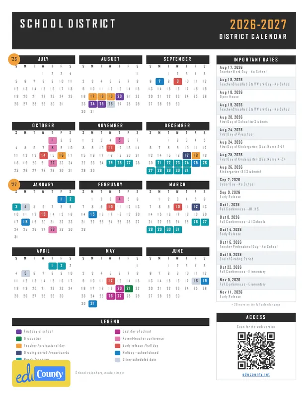 School District printable 2026-27 calendar