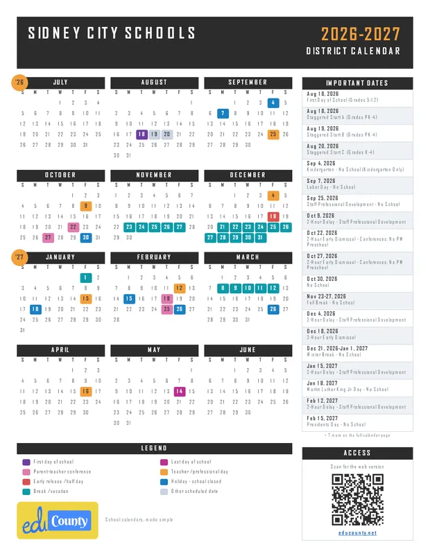 Sidney City Schools printable 2026-27 calendar