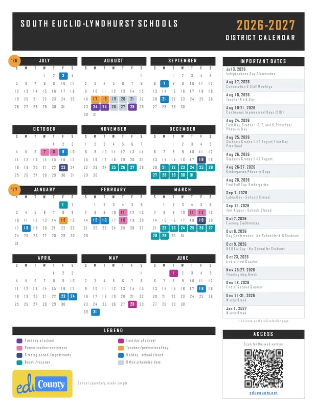 South Euclid-Lyndhurst Schools printable 2026-27 calendar
