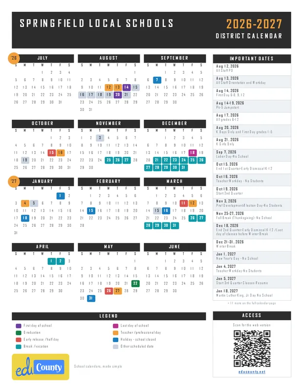 Springfield Local Schools printable 2026-27 calendar