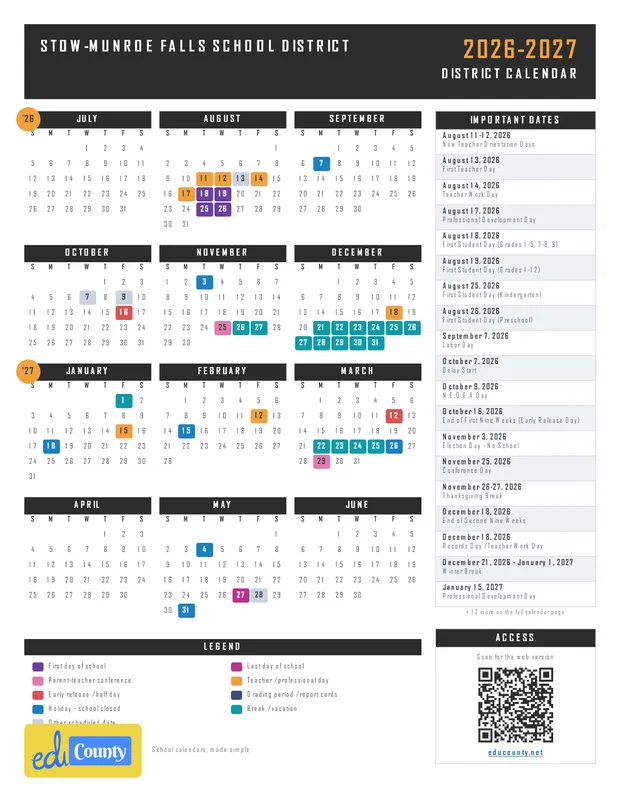 Stow-Munroe Falls School District printable 2026-27 calendar
