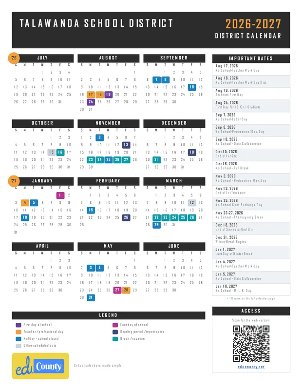 Talawanda School District printable 2026-27 calendar