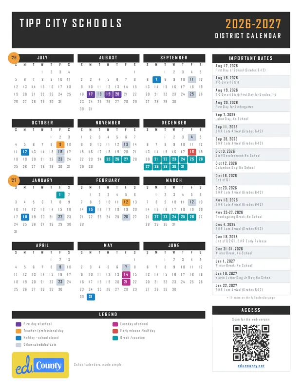 Tipp City Schools printable 2026-27 calendar