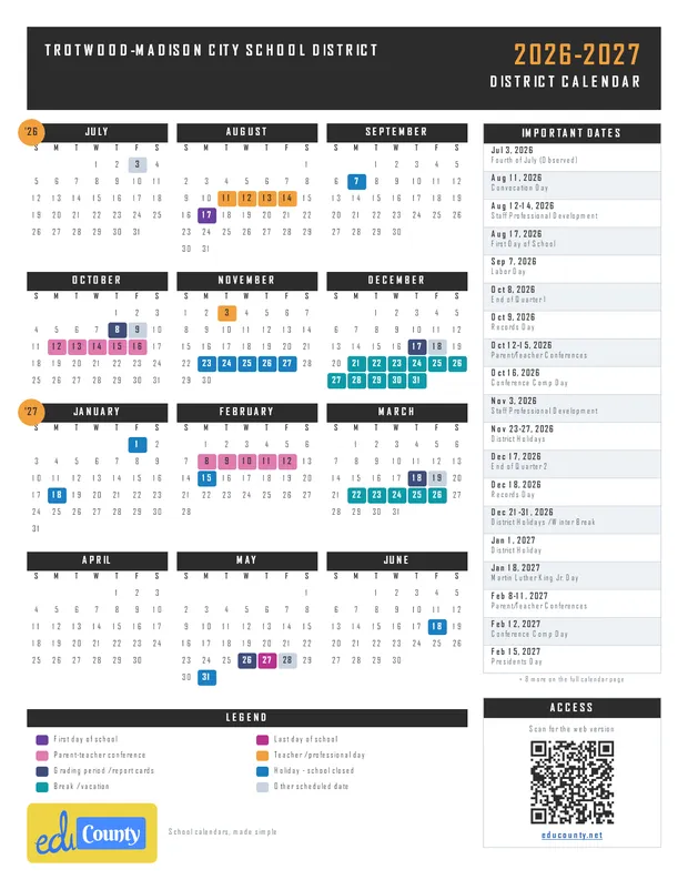 Trotwood-Madison City School District printable 2026-27 calendar