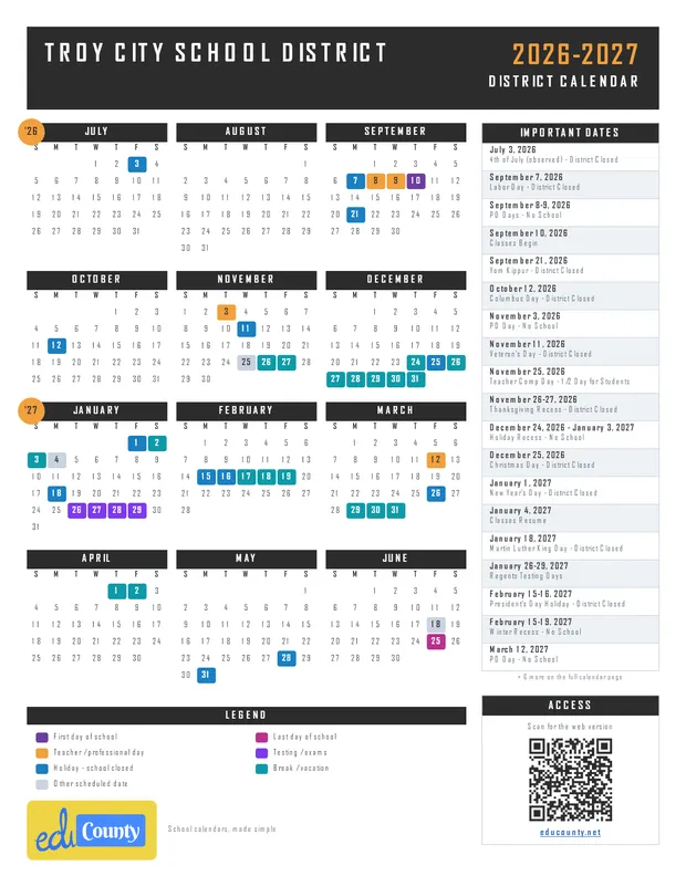 Troy City School District printable 2026-27 calendar