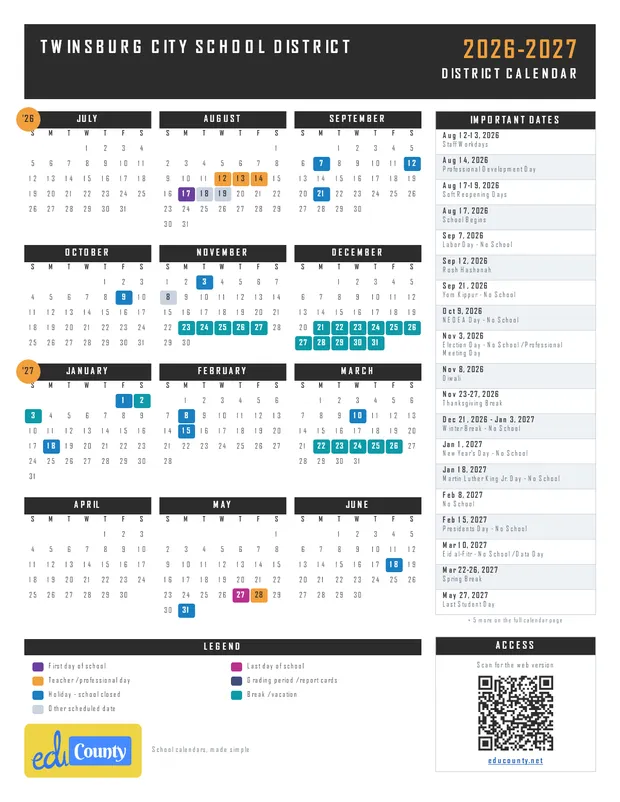 Twinsburg City School District printable 2026-27 calendar