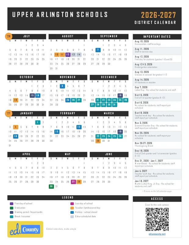 Upper Arlington Schools printable 2026-27 calendar