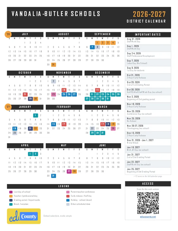 VANDALIA-BUTLER SCHOOLS printable 2026-27 calendar