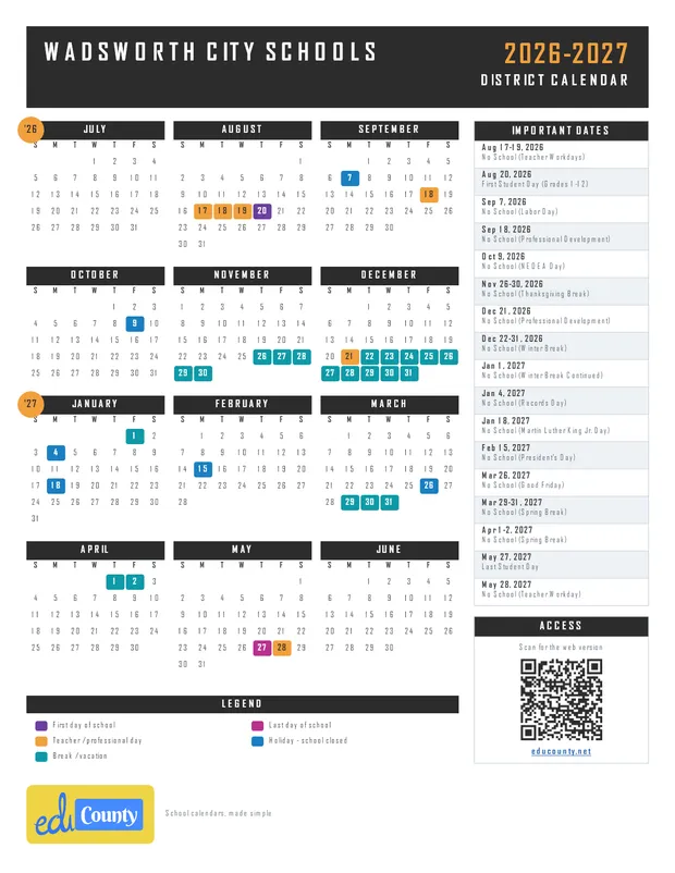 Wadsworth City Schools printable 2026-27 calendar